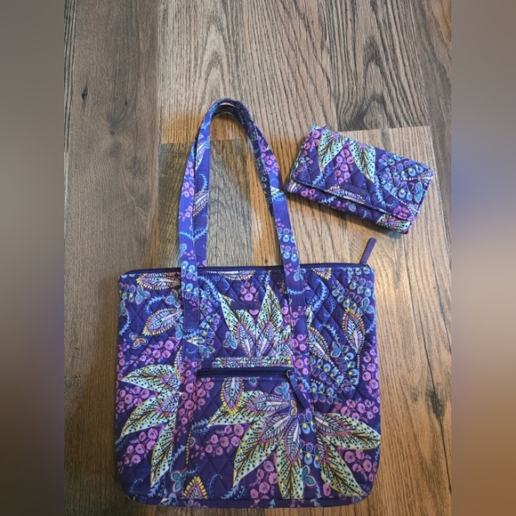 Vera Bradley Handbags - Vera Bradley Tote Bag & Wallet Purple & Blue "Batik Leaves" Like New!